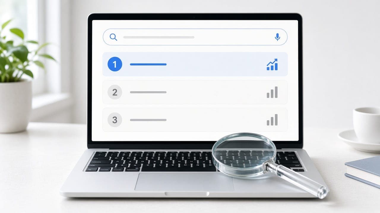 A laptop search-results page with ranking positions 1, 2 and 3, magnifying glass on the keyboard