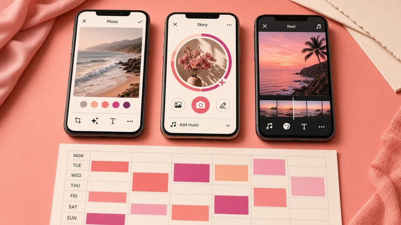 Three phones showing social posts above a colour-blocked content calendar