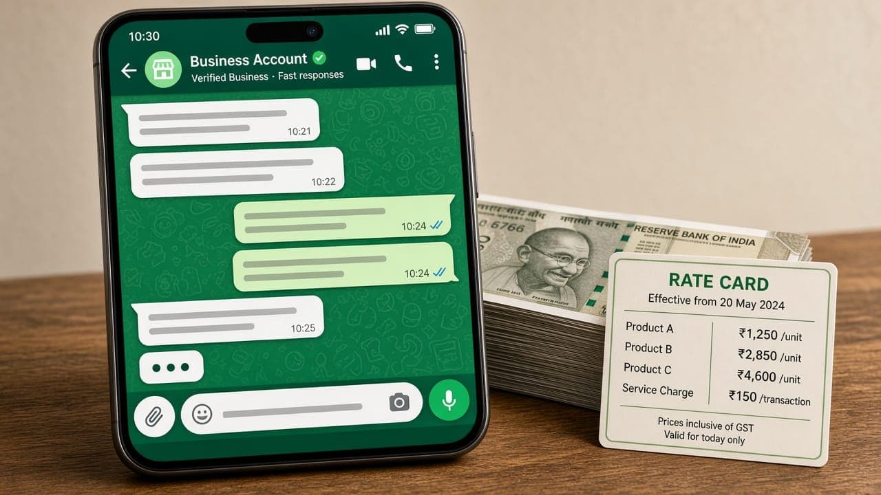 A phone showing a WhatsApp business chat beside a stack of Indian rupee notes