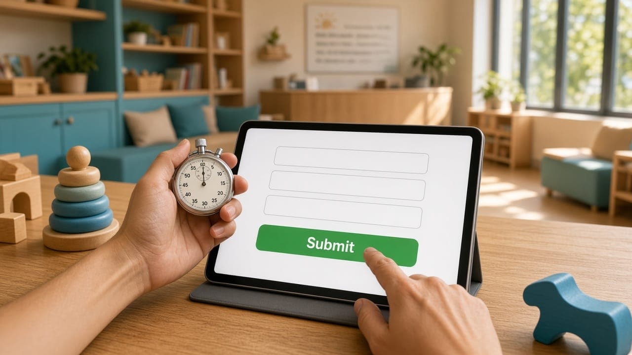 A short tablet admission form held next to a stopwatch in a preschool lobby