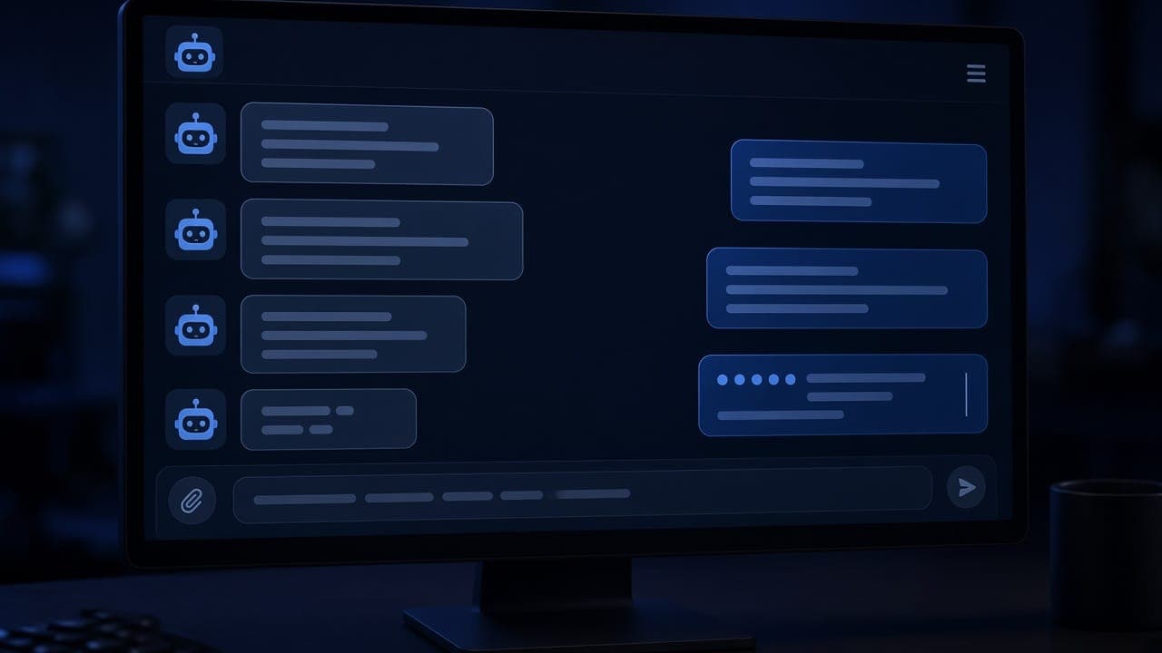 A monitor showing an AI chatbot conversation with a bot avatar and message bubbles