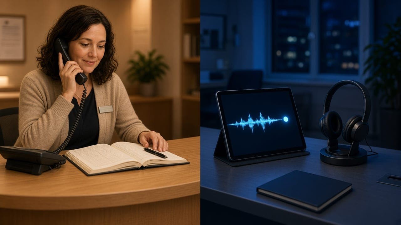 Split view of a human receptionist answering a call beside an AI tablet kiosk