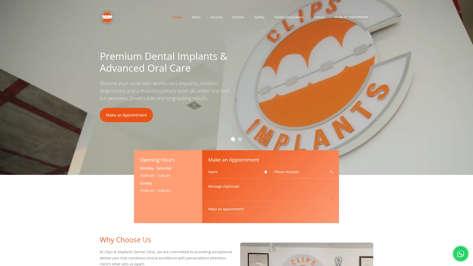 Dental clinic website showing individual specialist profiles and a treatment services grid