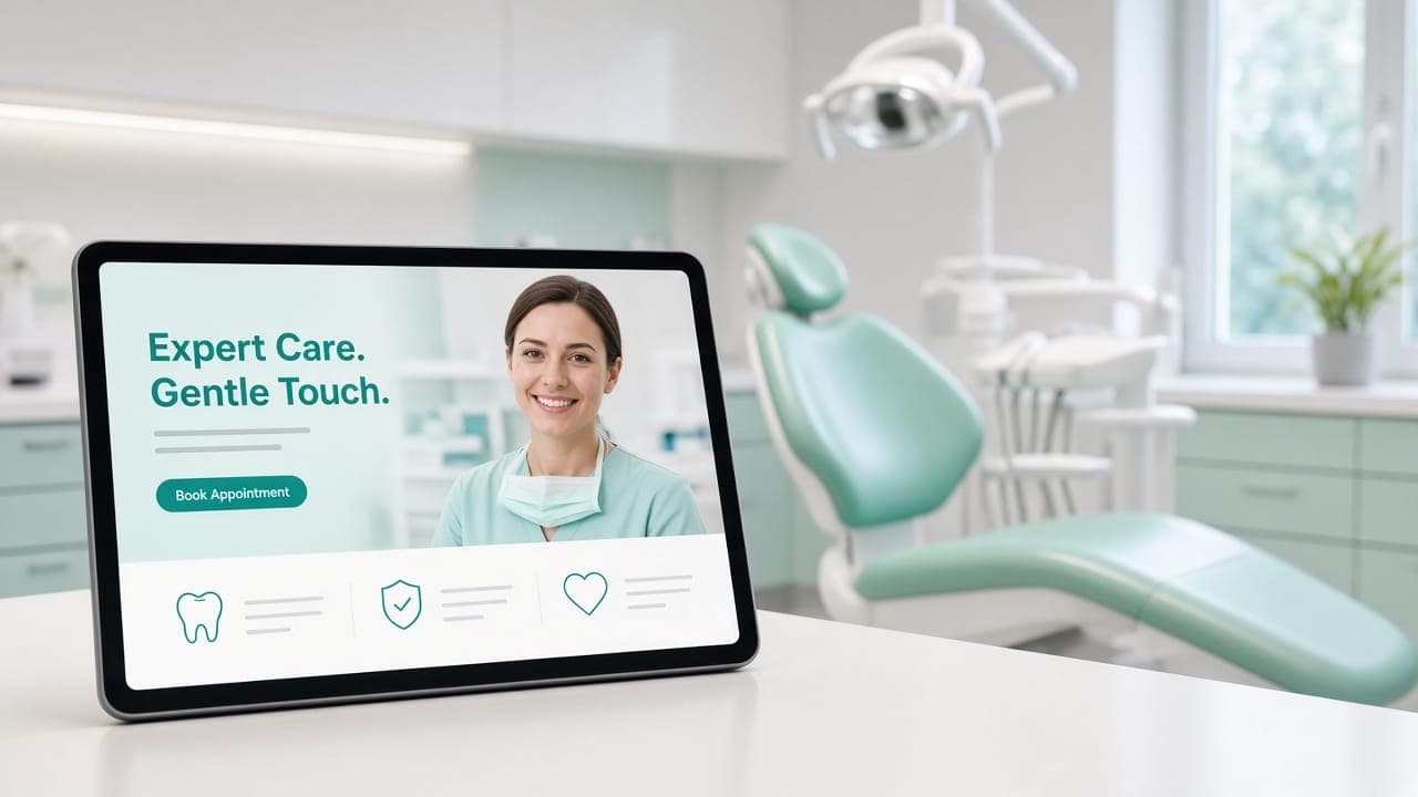 A tablet showing a clinic website with Book Appointment, dental chair behind