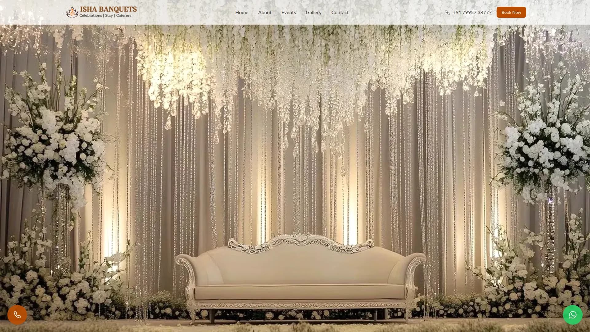 Banquet hall website with a grand hall photo gallery and an event-type selection grid