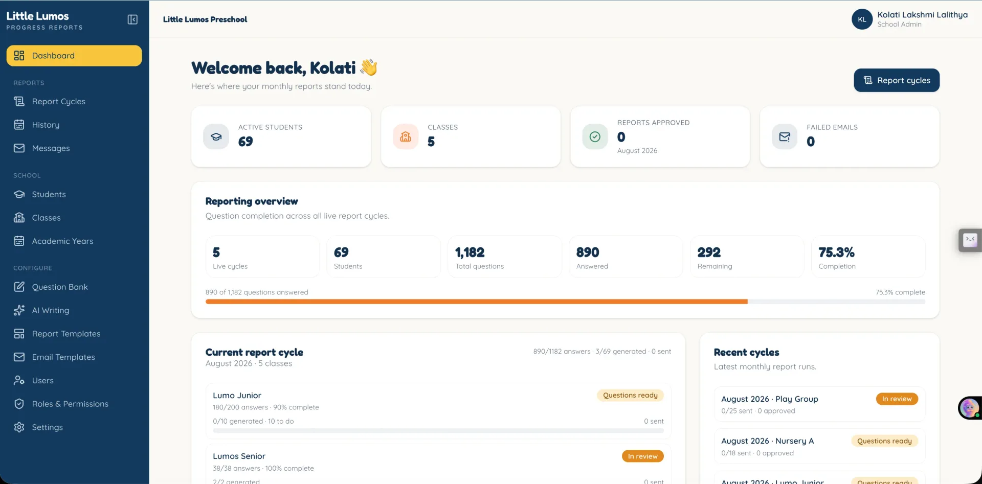 Little Lumos report review screen showing a generated progress letter beside its branded PDF preview and approval controls