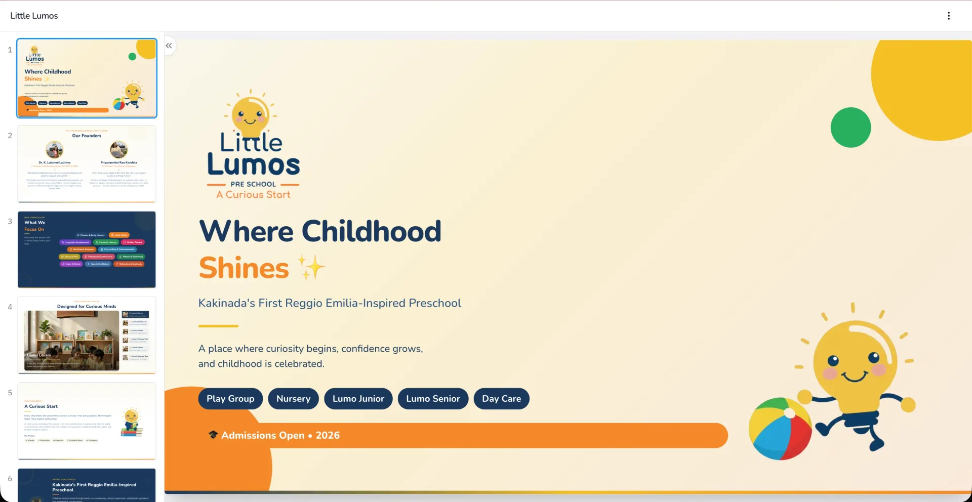 Web-based branded presentation slides covering school programmes, shown in a browser