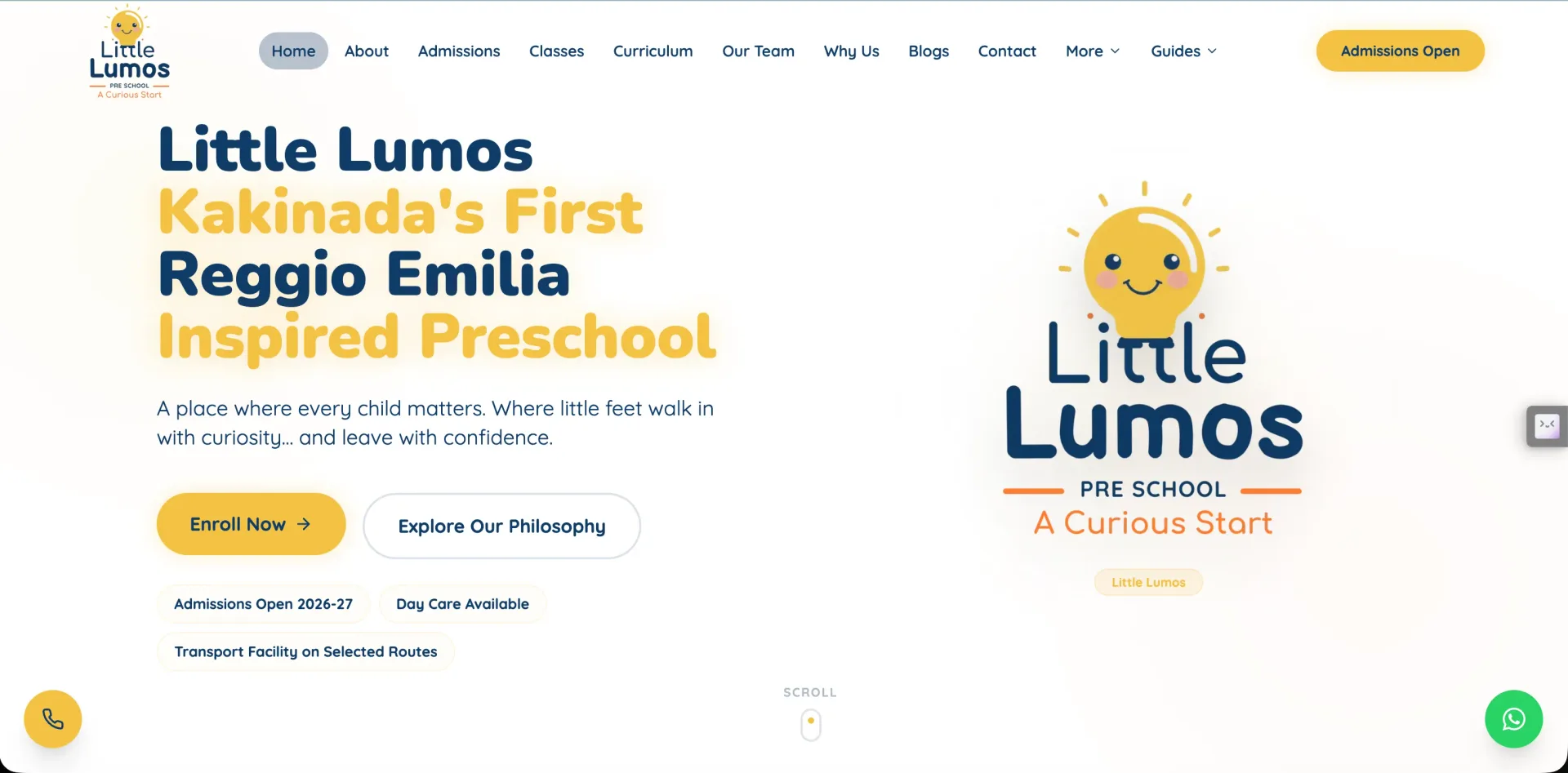 Preschool website homepage with custom mascot illustrations and a daily schedule walkthrough