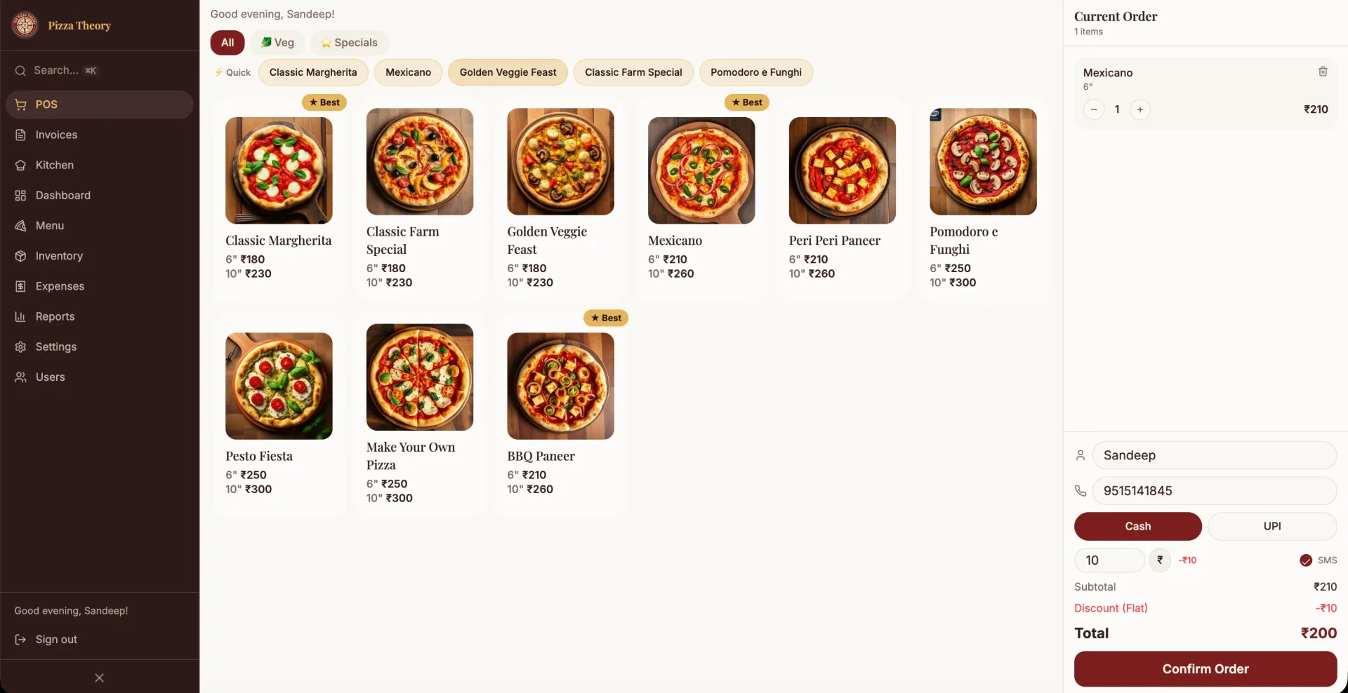 Restaurant point-of-sale screen with an open order, menu grid and kitchen queue panel