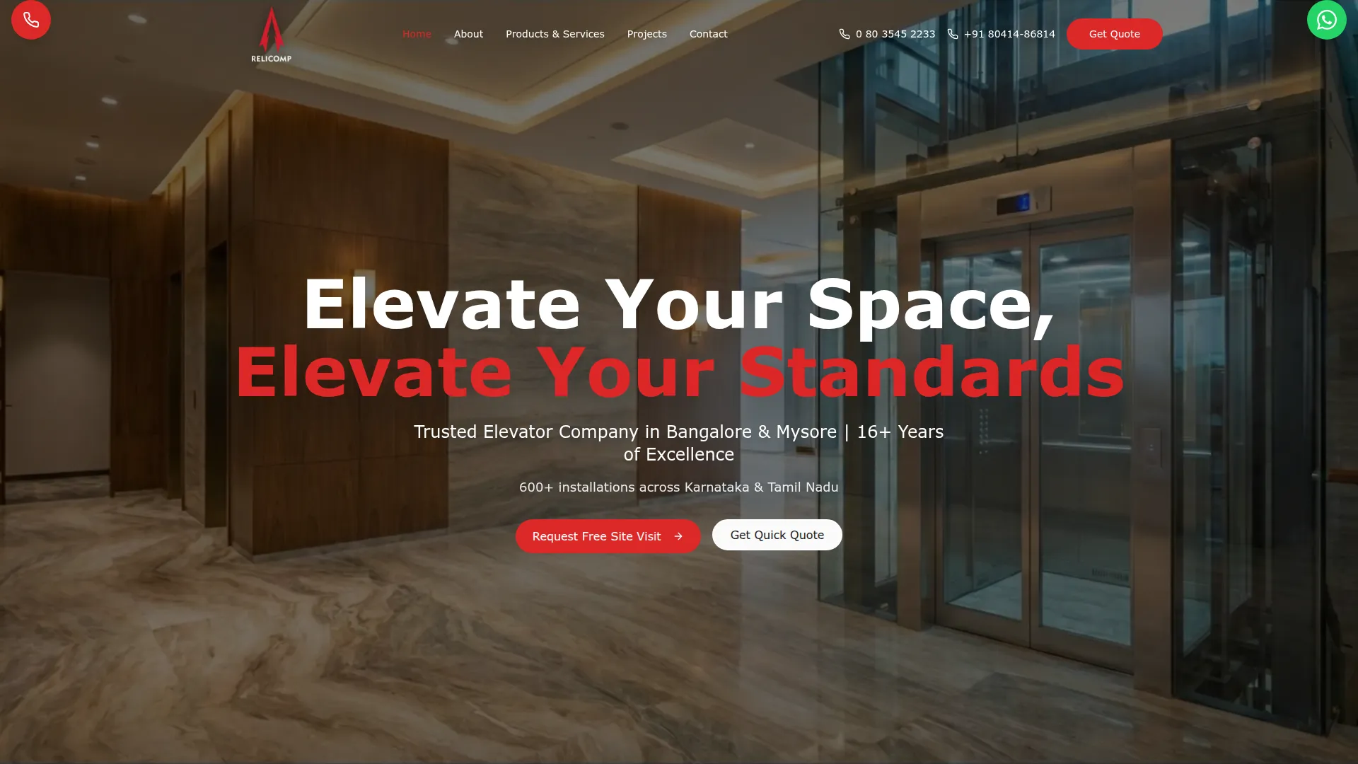 Elevator manufacturer website homepage showing product range and technical safety specifications