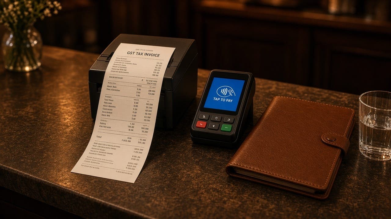 A thermal printer ejecting a GST invoice next to a card terminal