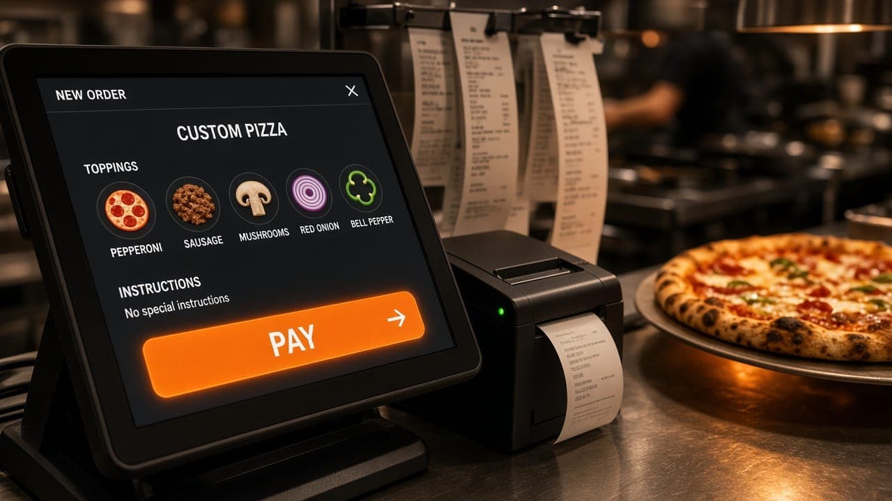 A restaurant POS tablet showing a pizza order and Pay button during service
