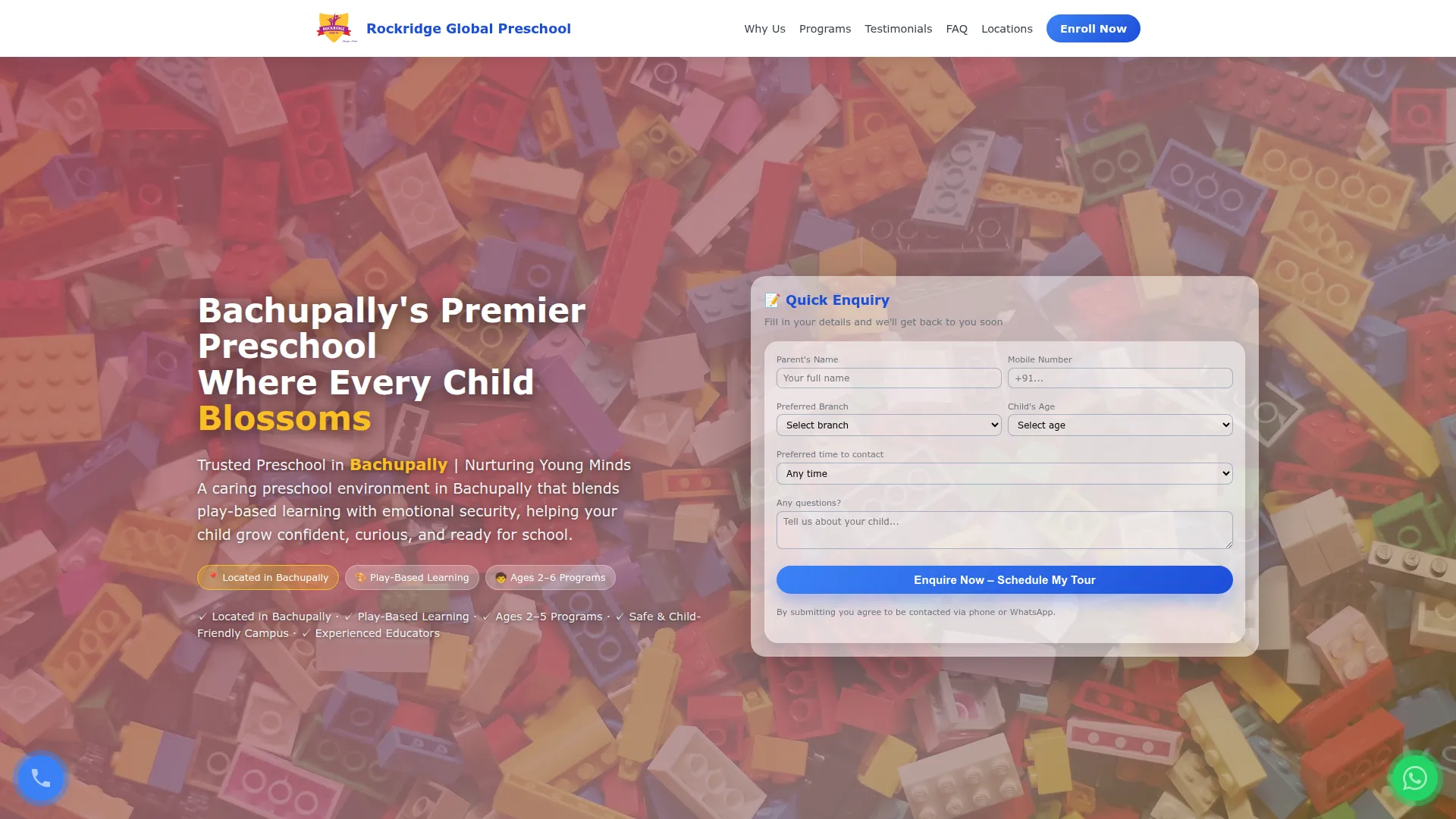 Preschool campus page showing a structured day schedule and a branch-specific enquiry form