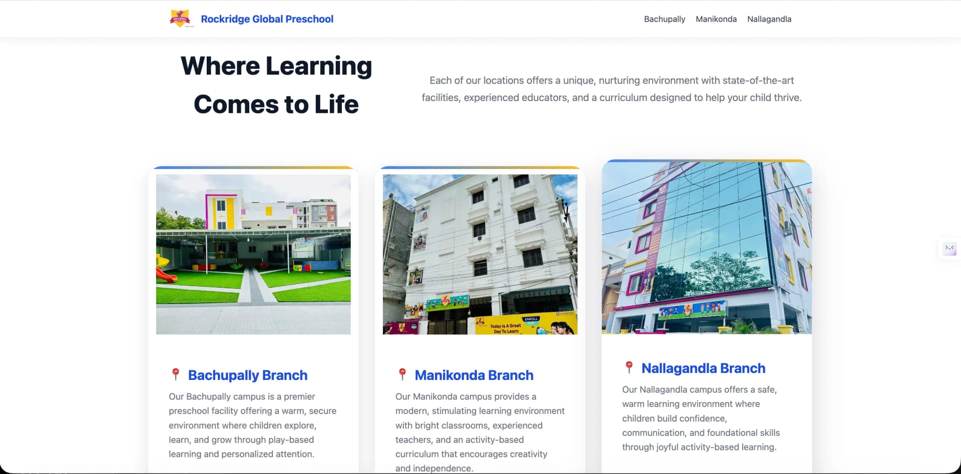 Rockridge Global Preschool homepage linking to the Bachupally, Manikonda and Nallagandla branch pages