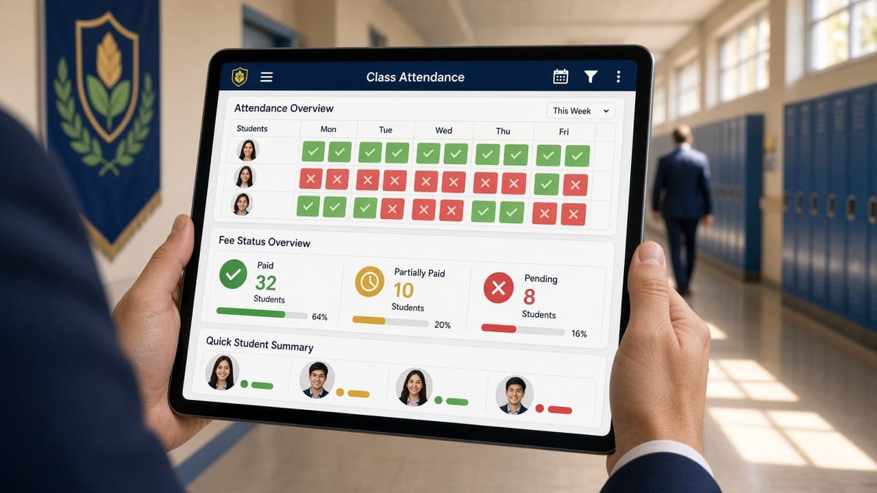 A tablet showing a school dashboard with attendance and fees, corridor behind