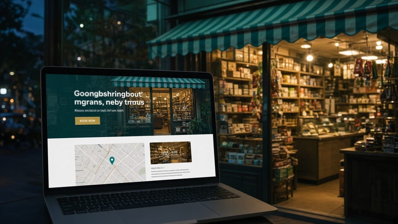 A laptop showing a shop homepage in front of the same storefront at night