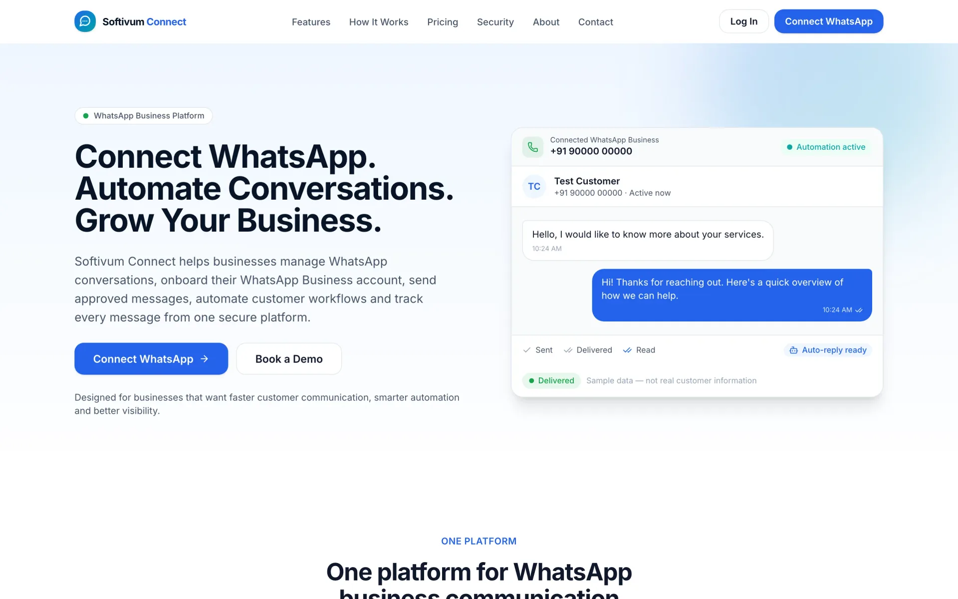 Softivum Connect shared inbox showing WhatsApp conversations with assignment, templates and delivery status labels