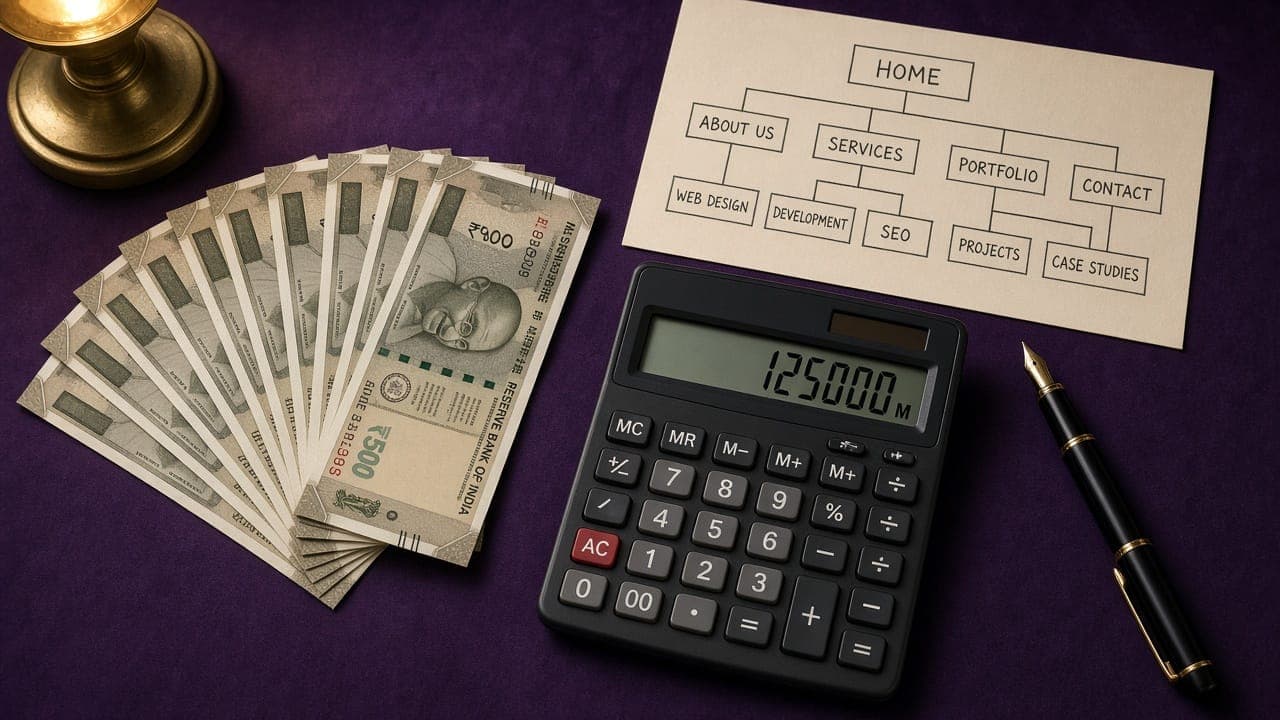 Indian rupee notes, a calculator and a website sitemap on a desk