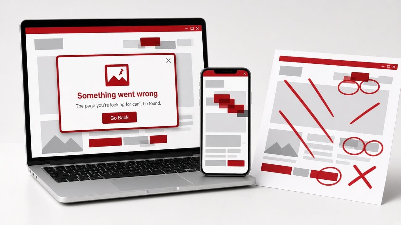 A laptop and phone showing a broken website layout marked up in red