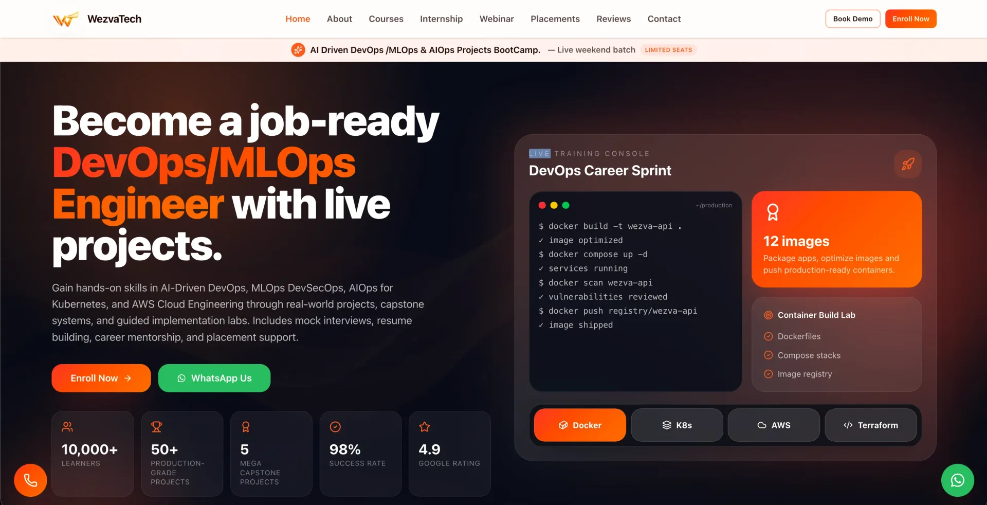 Tech training platform website showing course pages, a placements showcase and a reviews wall