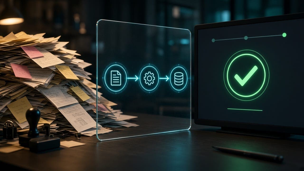 Paper invoices flowing through a digital pipeline of nodes into a completed check